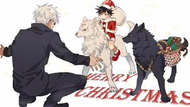 咒術迴戰「五伏」插畫分享，惠惠被迫穿上聖誕裝，玉犬不爽五條悟
