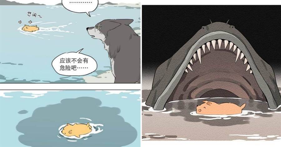 漫畫：狼王帶領小奶狗水中嬉戲，奶爸狼王腦補小奶狗各種遇險場景